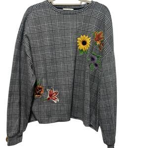 Zara Gingham Embroidered Flowers Check Knit Sweater Blouse Small/Medium